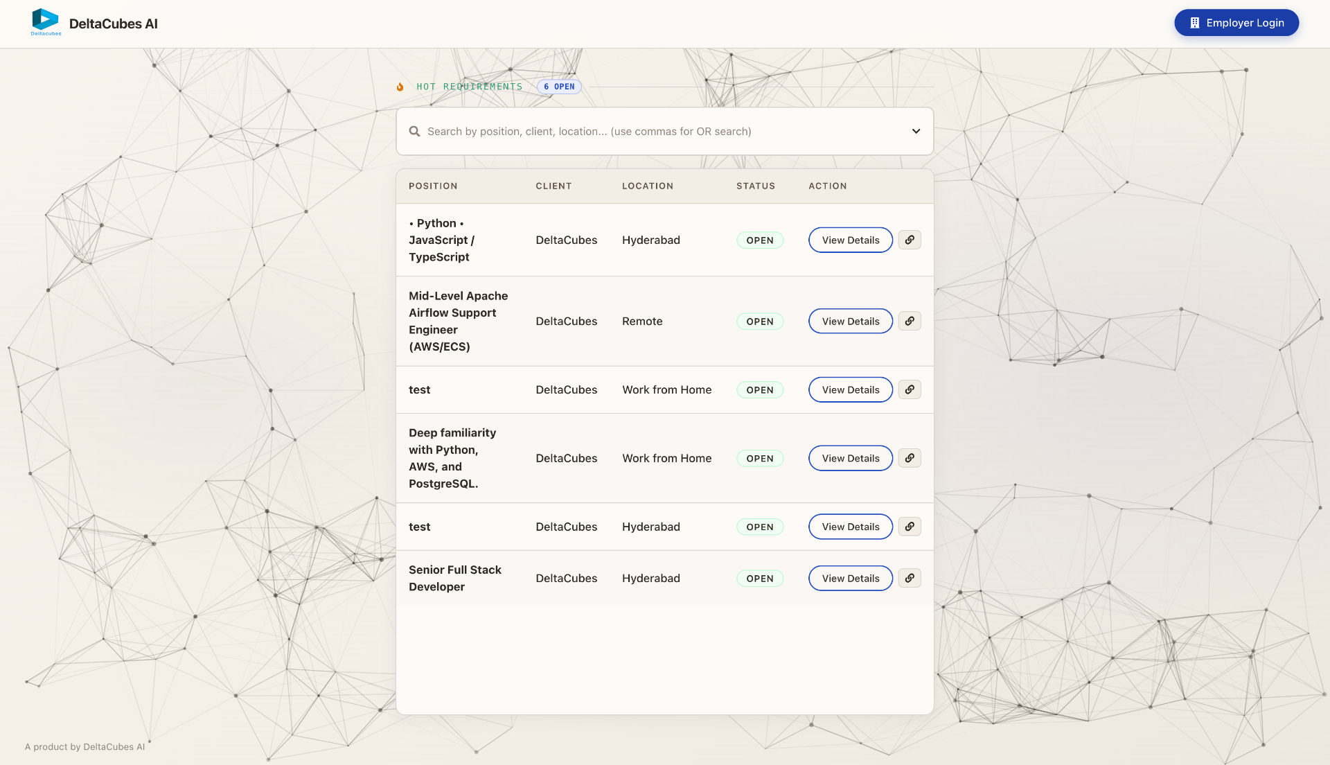 Deltacubes AI job board listing open positions